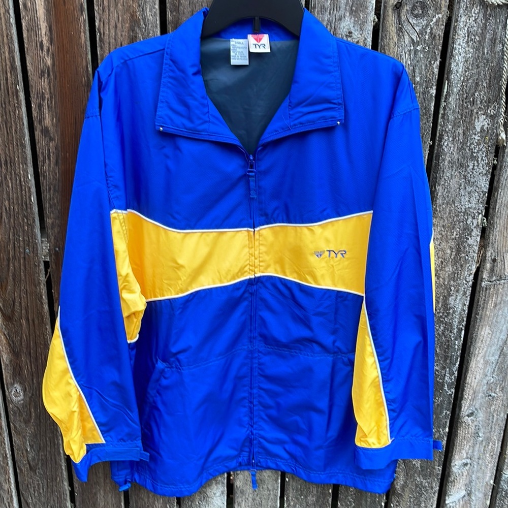 TYR Windbreaker Jacket Small Men’s Lightweight Blue Yellow Oversized Full Zip